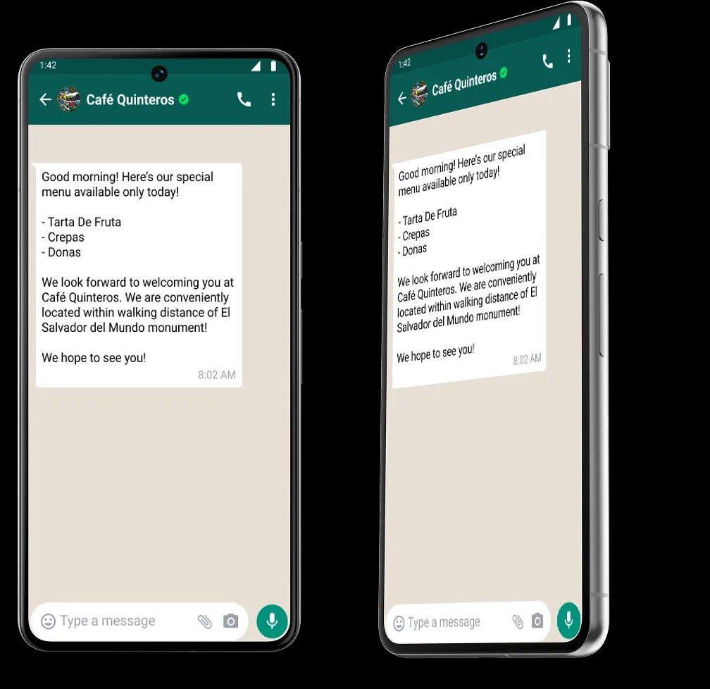 Screenshot of a WhatsApp message showing a greeting and the daily menu, as received upon joining their WhatsApp community.